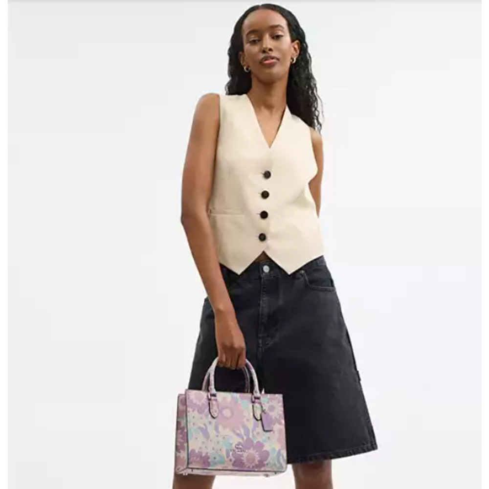 COACH Maggie Small Tote Bag Crossbody Floral Print In Leather Ivory/Purple CBM08 - Picture 6 of 11